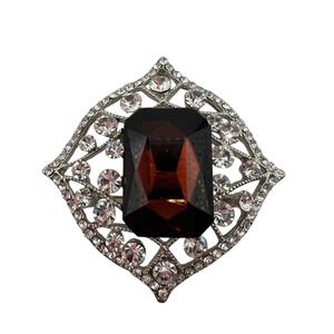 Vtg Cara NY Smoked Topaz Glass Rhinestone Statement Brooch Silver Tone Art Deco